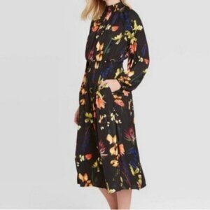 A New Day Black Floral Print Long Sleeved Midi Dress Size M